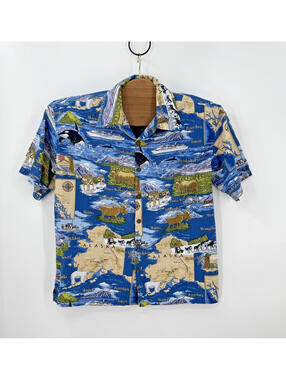 David Carey Originals Alaska Shirt Men's Large Blue Map Wildlife Orca Moose
